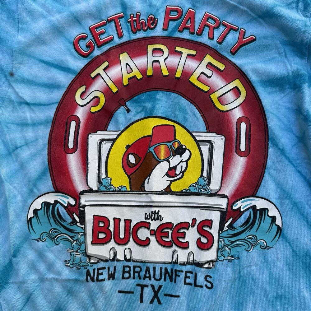 Bucees Shirt Medium Adult Blue Tie Dye Get the Party Started Texas Wave Beaver - Picture 7 of 9
